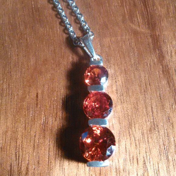 Simulated Red Diamond Sterling Silver Pendant Stainless Steel Necklace - Picture 2 of 10